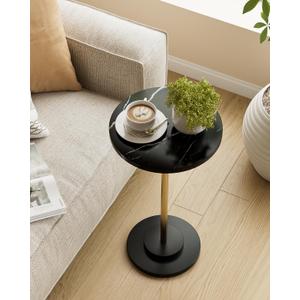 Round Side Table, Small Drink Table for Small Spaces, Modern Accent End Table with Metal Leg for Living Room, Bedroom, Corners, and Office (Black Marble)