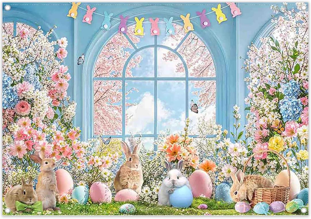 7x5ft Easter Blue Window Backdrop Spring Flowers Colorful Eggs Cherry Blossoms Bunny Flag Photography Background Family Festival Party Decor Photo Booth Banner