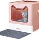 Cat Litter Box with Litter Mat and Scoop, Large Foldable Litter Box with Lid, Front Entry Top Exit Kitty Box, Odor Control, Easy to Clean (Pink)