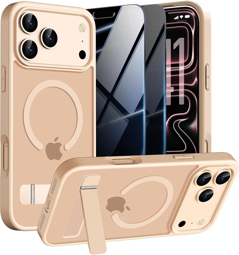 Magnetic Case for iPhone 17 Pro Max Phone Case with Privacy Screen Protector 2X,Compatible with MagSafe,Invisible Kickstand [20FT Protection],Translucent Matte Shockproof Cover for 17 ProMax,Desert