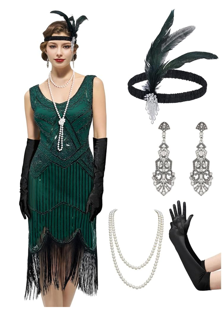 YESSA Flapper Dresses 1920s Gatsby Dress for Women Roaring 20s Costumes Fringed Sequin Cocktail Dress with 20s Accessories, Size XL