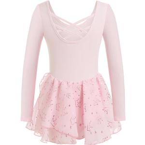 Phineein Girls Ballet Leotard with Skirt - Shiny Sparkle Tutu Dress, Long Sleeve Dancewear for Kids/Toddler (4-6 Years, Princess Pink L)