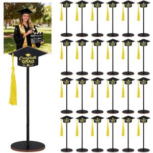 24 Pcs Graduation Cap Photo Holder with Wooden Base Wire Picture Clip Black Grad Table Number Holders Bulk Graduation Cap Decorative Card Holder for Class of 2026 Centerpieces Grad Party Supplies