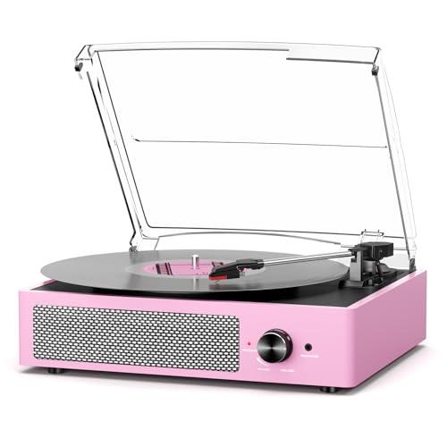 Vinyl Record Player with 2 Stereo Speakers Belt-Driven Vintage Turntables 3 Speed 3 Size Wireless Bluetooth Playback AUX-in RCA Out Headphone LP Vinyl Players Auto Stop Pale, Pink