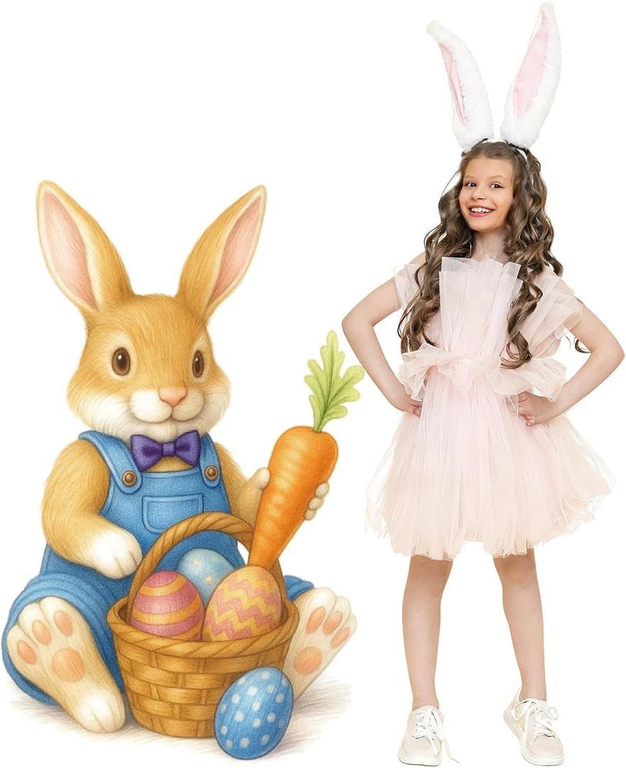 Tatuo 47" H Easter Bunny Cardboard Cutout Stand up Vintage Rabbit with Egg Carrot Standee Life Size Bunny Photo Props for Easter Large Backdrop Background Party Decorations