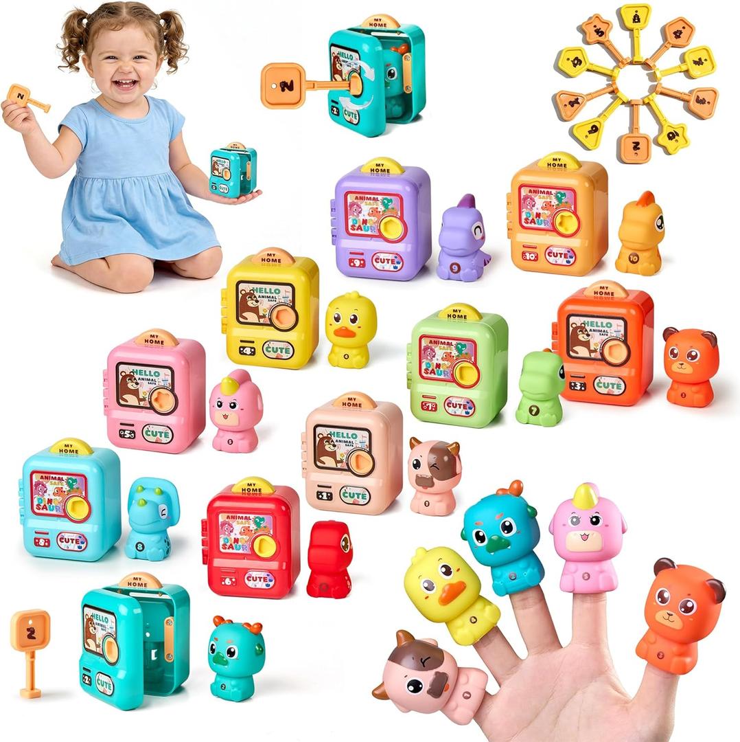 10pcs Animal Finger Puppets with Geometric Key Treasure Lock, Fine Motor Skill Toys for Toddlers, Counting, Matching & Sorting Montessori Learning Toy for Baby Boys Girls
