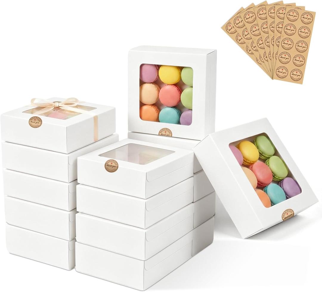 Homrelaxy 70 Pcs White Bakery Boxes with Window - 8x8x2.5 Inches Cardboard Cookies Boxes with Stickers for Macaroon, Pastries, Donuts, Cupcakes, Cookies and Chocolate Strawberries
