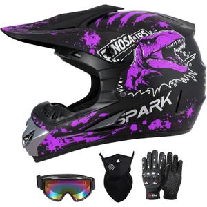 SPARK DOT Kids Youth Dirt Bike ATV Motocross Helmet with Dinosaur for Girls, Dino Purple, X-Small