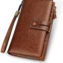 FT FUNTOR Women's Big Fat RFID Blocking Wallet Leather Zip Around Clutch Large Phone Organizer Wristlet (1-brown)