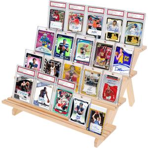 Trading Card Display Stand, 4-Tier Wooden Card Holder for Graded Sports and TCG Cards Tabletop Display Holder Compatible with PSA, CGC, BGS Slabs, Solid Wood Shelf Stand for Card Collection & Show