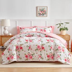 Flower Comforter Sheet Set White Bed in a Bag 7 Pieces Queen Size Dark Pink Floral Microfiber Bedding Set (1 Comforter 2 Pillow Shams 1 Pink Flat Sheet 1 Fitted Sheet 2 Pillowcases)