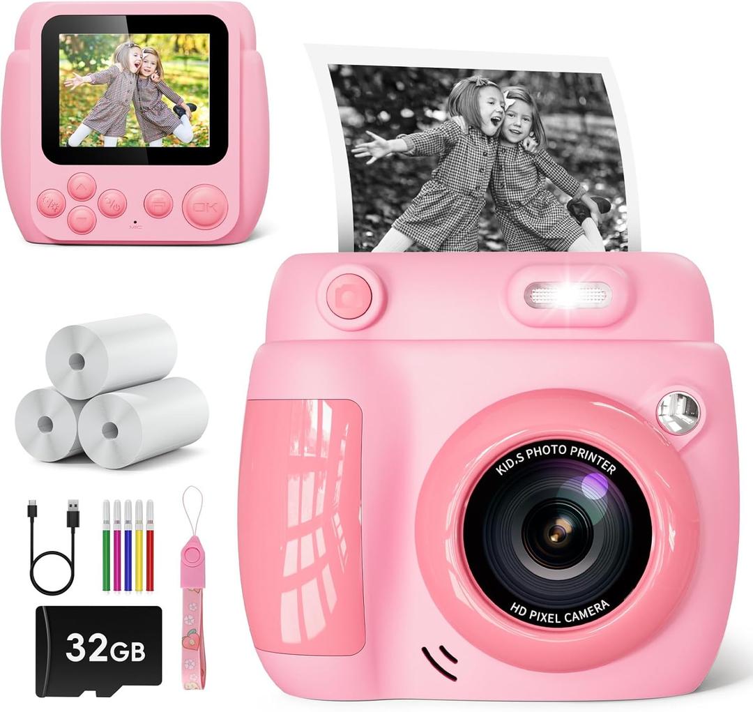 Kids Camera Instant Print - Christmas Birthday Gifts for Girls Boys Age 3-12, 1080P Video Digital Camera with 3 Rolls Printing Paper, Toddler Travel Toy Camera for 4 5 6 7 8 9 10 11 Year Old - Pink