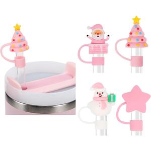 Christmas Halloween Straw Covers Cap Compatible with Stanley Cup 30 40 oz, 4PCS Silicone Reusable Drinking Straw Topper Including 4 styles, Funny Party Straw Cover for Stanley. (Pink Christmas Set)