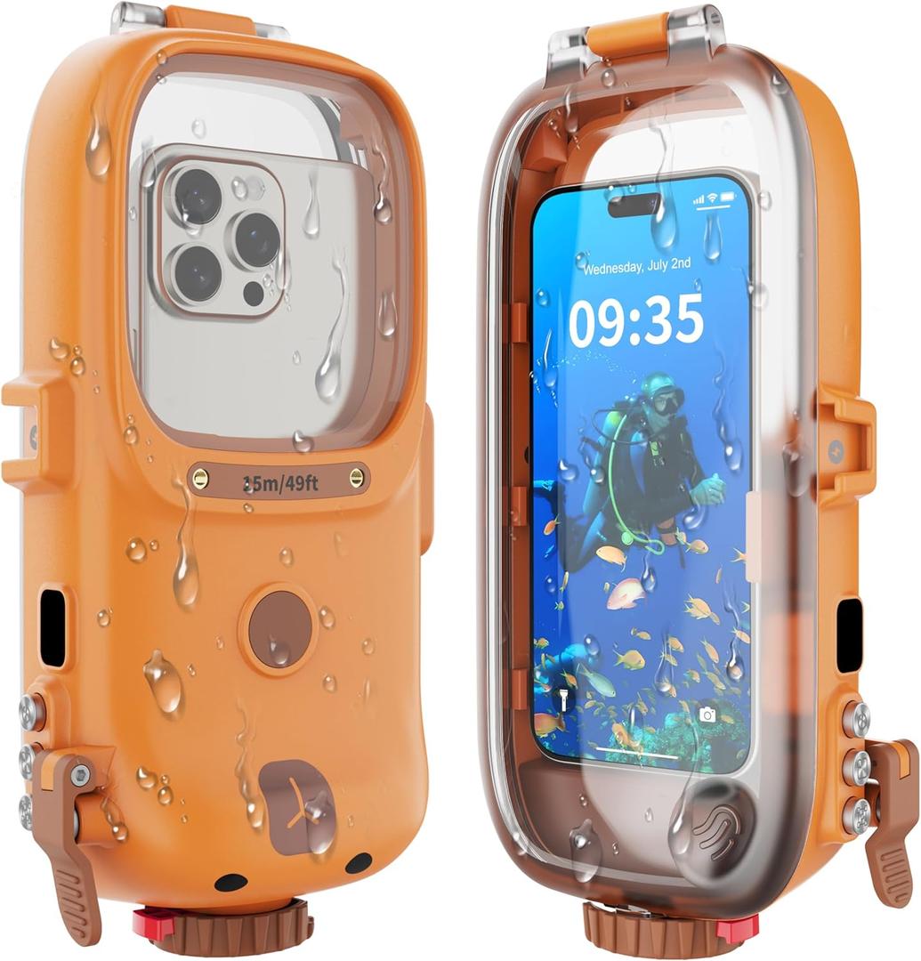GOLDJU Diving Waterproof Phone Case, [49ft/15m] Cartoon Outdoor Snorkeling Underwater Diving Case Surfing Photo Video Cover,for iPhone Samsung Galaxy Google Pixel Huawei Series Smartphones - Orange