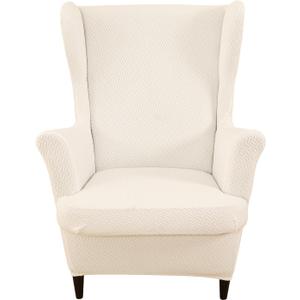 Jacquard Wing Chair Slipcovers 2 Piece Stretch Wingback Chair Cover Spandex Wing Back Armchair Covers Furniture Protector with Side Pocket for Living Room Bedroom Wingback Chair,Beige