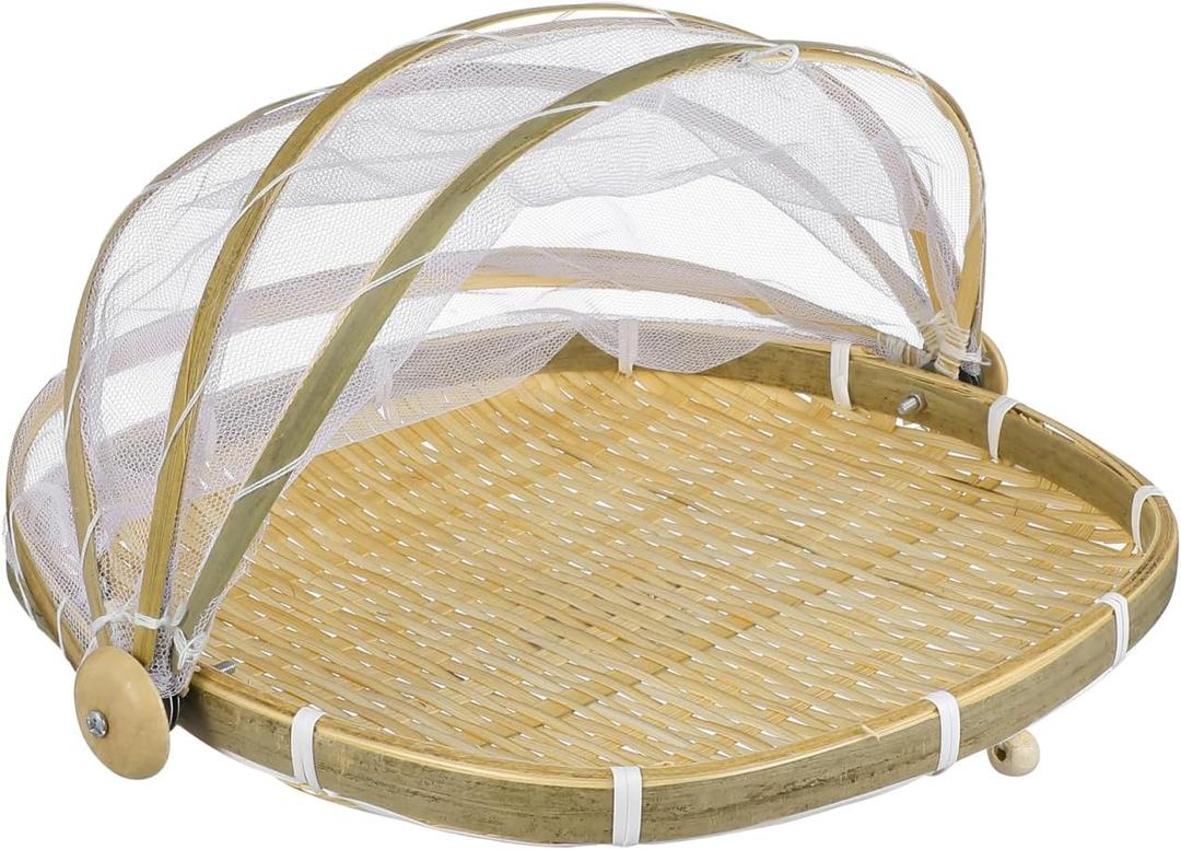 iplusmile Woven Bamboo Food Serving Tent Basket with Mesh Cover 11.02 Inch Square Fruit Vegetable Bread Storage Basket for Kitchen Dining Outdoor Picnic