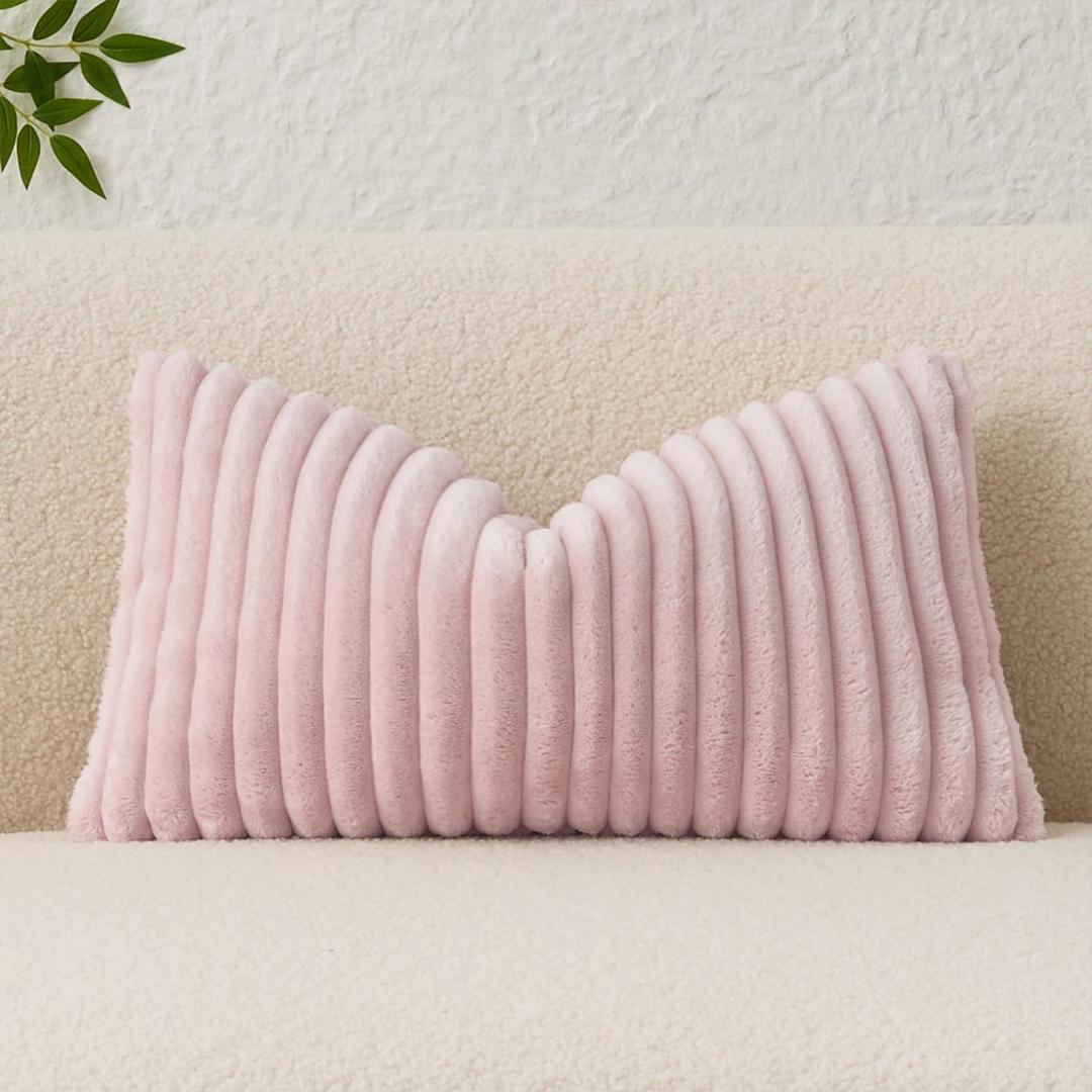 Kevin Textile Valentines Soft Plush 14x22 Inch Lumbar Pillow Cover 1 Pack, Luxury Fluffy Faux Fur Striped Flannel Rectangle Cushion Case for Couch Sofa Chair Bed Home Decor, Light Pink