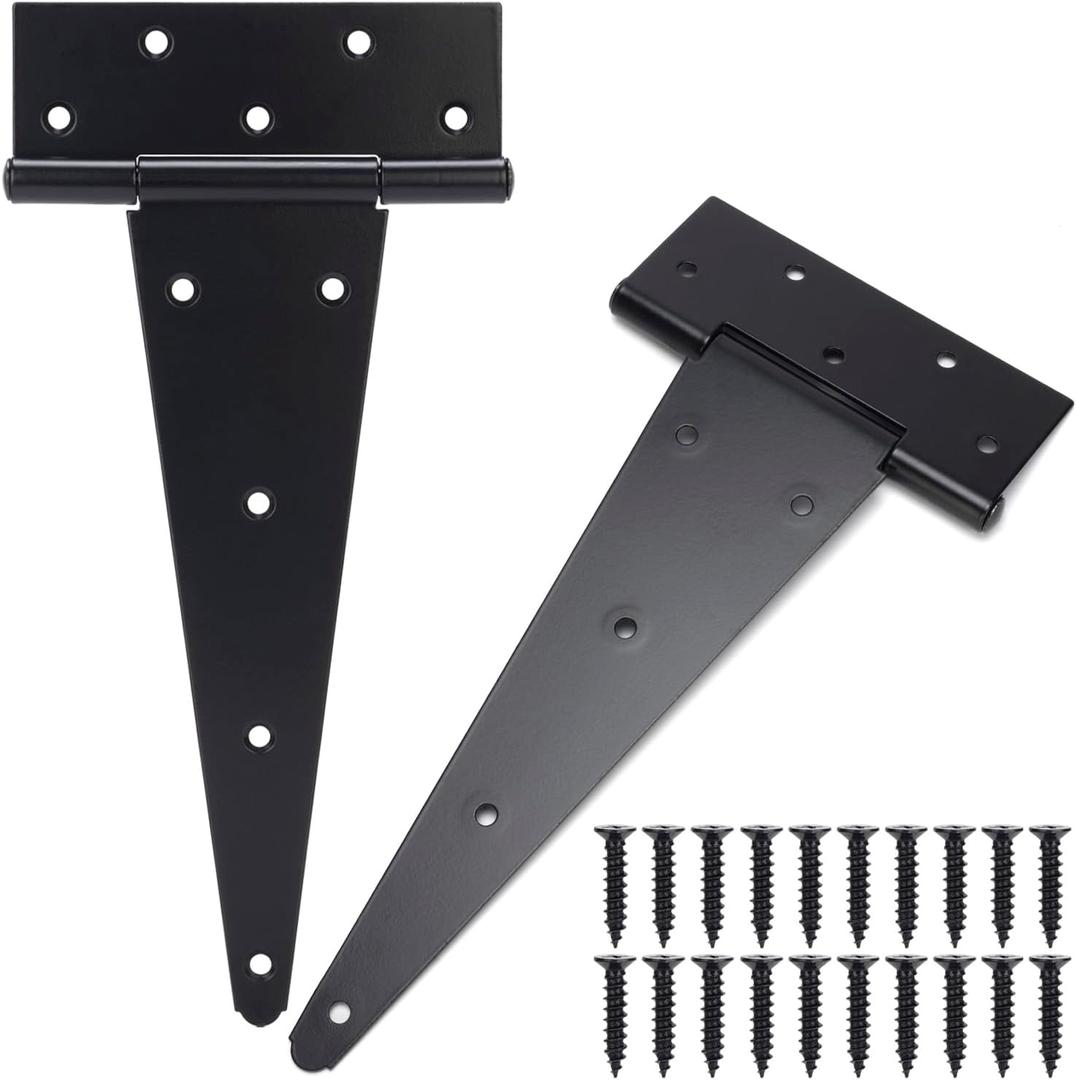 12 Inch T-Strap Gate Hinges, Shed Barn Door Hinges Heavy Duty, Black Tee Hinges for Wooden Fences, Yard Gate, Wrought Hardware Iron Rustproof (2 Pack/Set)
