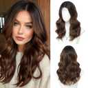 18 Inch Ombre Brown Wig for Women, Middle Part Medium Length Wavy Synthetic Hair Wig, Upgraded Strands Natural Hairline Design for Daily Party Halloween(Ombre Brown,18 Inch)