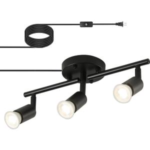 Plug in Track Light Black 3 Light Plug in Ceiling Lighting Fixture with 16.4' Long Cord,4 Way Ceiling Spotlight, Rotatable Wall Mount Light Head, Bulbs Not Included