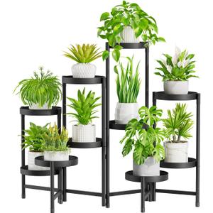 iDavosic.ly Plant Stand Indoor Outdoor, 10 Tier Corner Metal Flower Display Holder Shelf, Easy Assembly Folding Tall Orchid Rack for Patio Balcony Porch Garden Living Room House, Black