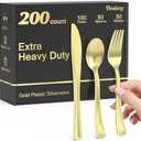 Dealusy 200 Count Heavy Duty Gold Plastic Silverware, 100 Forks, 50 Spoons, 50 Knives, BPA-Free, Heat Resistant, Disposable Plastic Utensils Set Cutlery Set, Plasticware Bulk