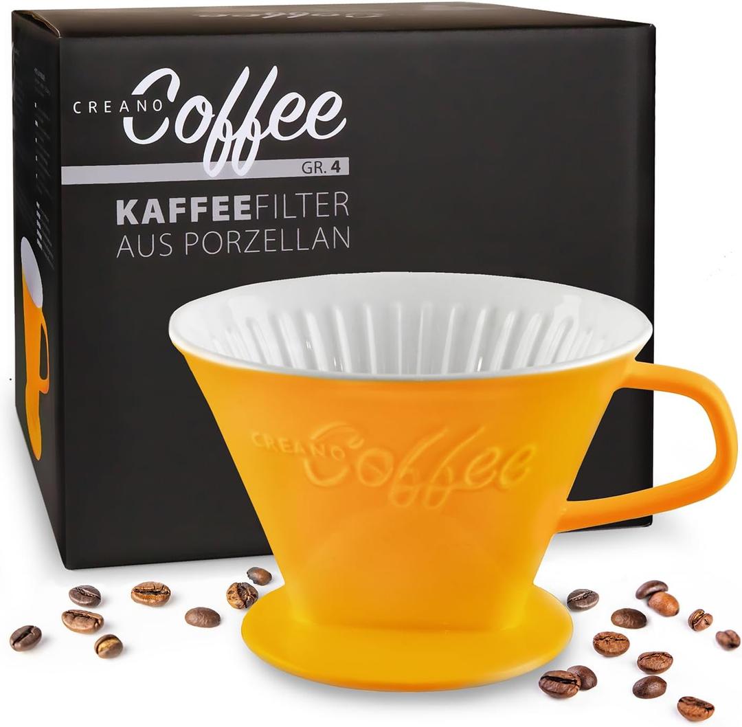 Creano Porcelain Coffee Dripper Saffron Yellow - Ceramic Cone Brewer - Pour Over Coffee Maker for Filter Bags Size 4 - Easy Manual Brew for pure taste - also for Camping, Hiking (Standard)