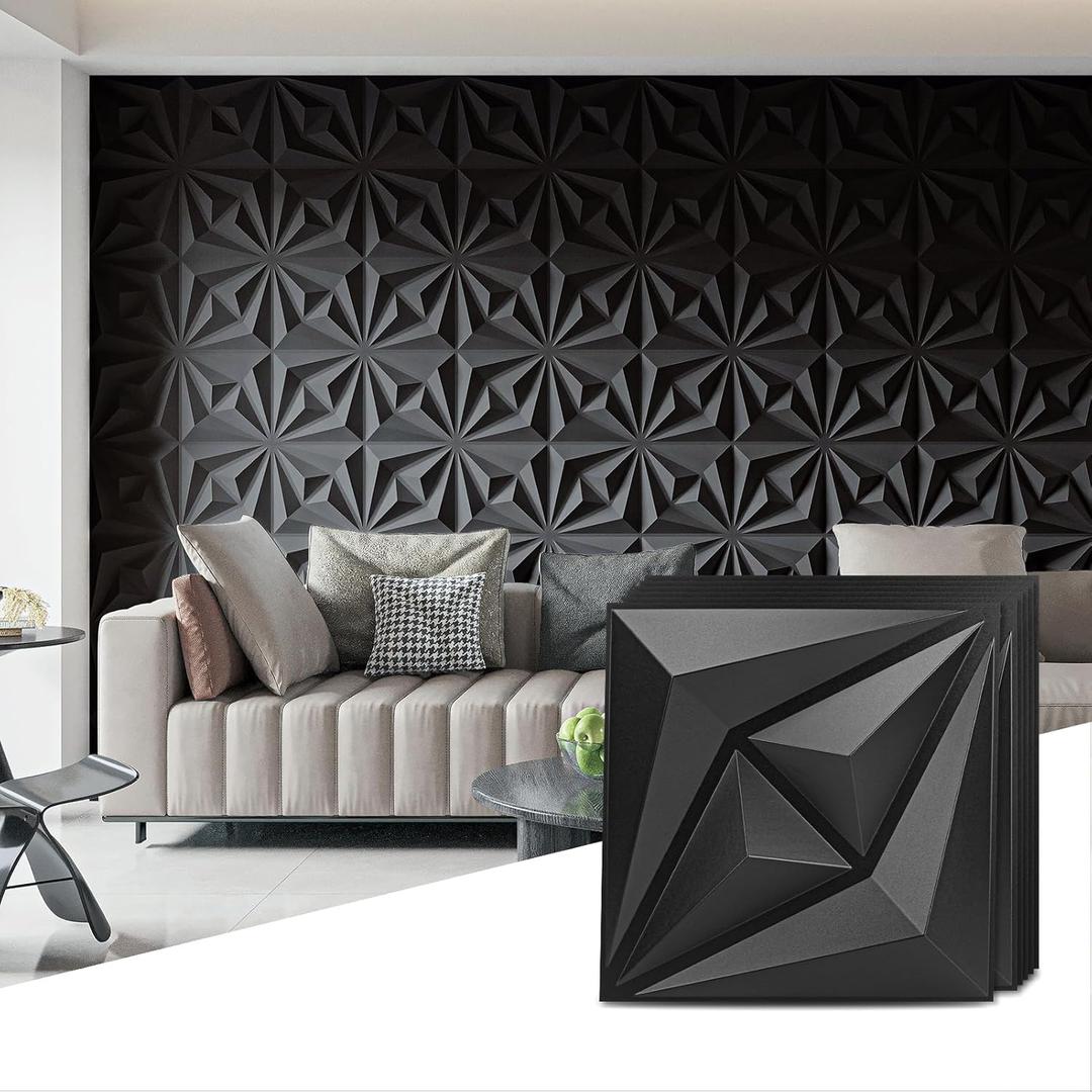 3D Wall Panels for Interior Wall Decor, 3 Layout Options PVC Textured Wall Art Decor for Living Room Bedroom TV Background Gaming Room, 12''x12'', 20 Pcs Black