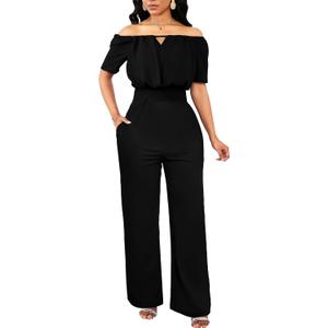 Sexy Jumpsuits for Women Elegant Off The Shoulder Business Long Straight Pants Party Jumpsuit (Medium, Black)