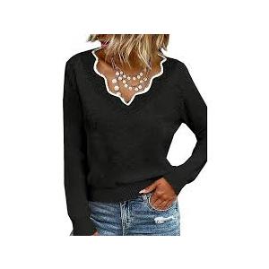 Women’s V Neck Sweater with Lace Trim, Long Sleeve Soft Knit Pullover Top Casual Fall Winter Outfits M