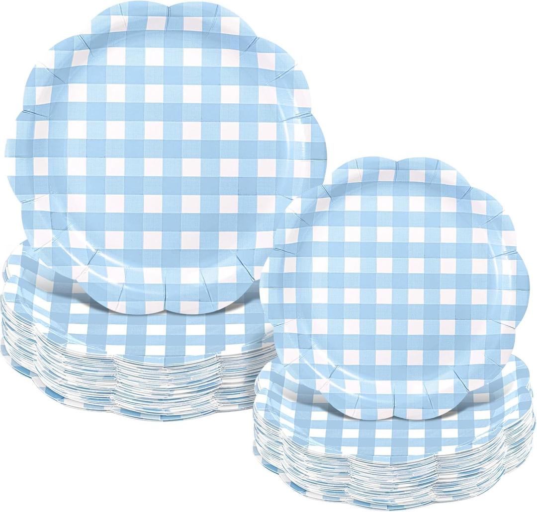 Maxdot 100 Pack Christmas Paper Plates 9" & 7" Snowman Winter Gingham Disposable Dessert Plates for Holiday Xmas Party Supplies(Scalloped, Light Blue)