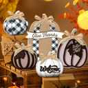 5 Pcs Fall Thanksgiving Pumpkin Decor for Home Thanksgiving Plaid Wooden Table Centerpiece Decorations Fall Wooden Pumpkin Signs for Autumn Farmhouse Home Kitchen Mantle Tabletop Supplies