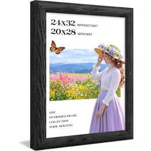 24x32 Poster frame Black, 1.57 Inch Wide Wood Grain Texture, Display Pictures 20x28 with Mat,24 x 32 Picture frame with Black Backing Horizontal or Vertical Wall