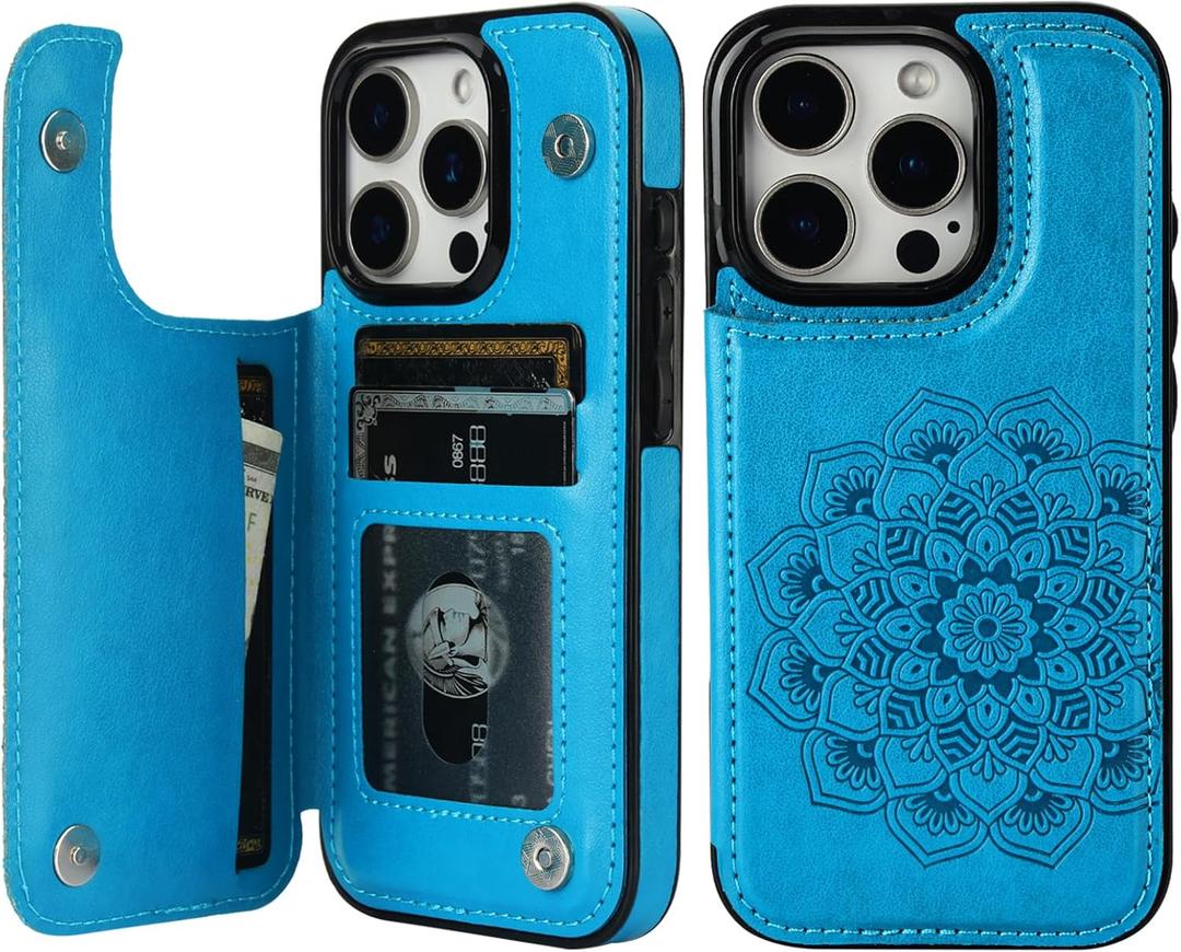  Compatible with iPhone 16 Pro Case Wallet with Card Holder, Embossed Mandala Pattern Flower PU Leather Double Buttons Flip Shockproof Cover for Magnetic Car Mount 6.3 Inch (Blue)