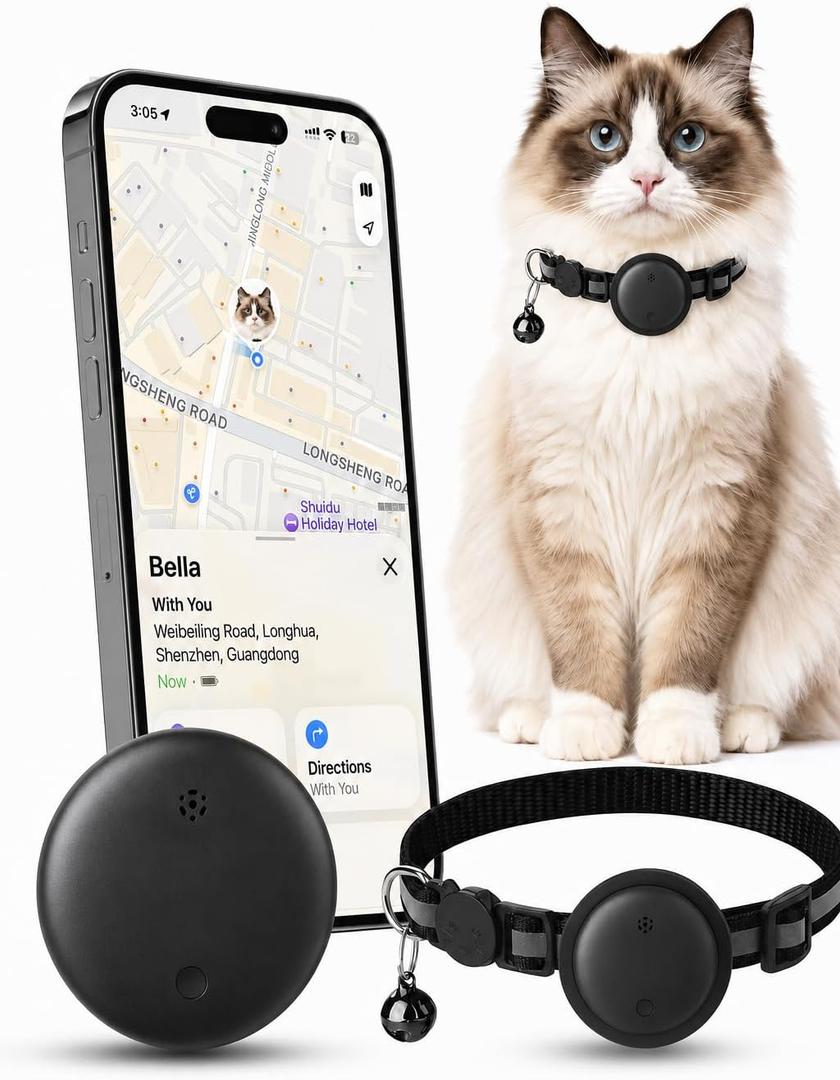 GPS Cat Tracker Collar for iPhone, Works with Apple Find My, No Monthly Fee, Lightweight Pet Tracking Tag with Collar Holder for Cats
