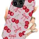 Generic Case for iPhone 16 Pro Max - [Drop Protection Phone Cover] - Hybrid Case for Girl Women - Cherry Ribbon Bow Fruit Pink