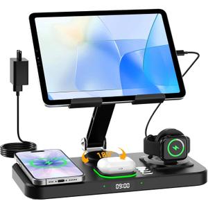 30W Charging Station for Apple Products, Foldable Wireless Charger with Clock Display&7 Color Light, Wired Charging for iPad/Tablet Charging Station for iPhone17, for Apple Watch11 for AirPods4(Black
