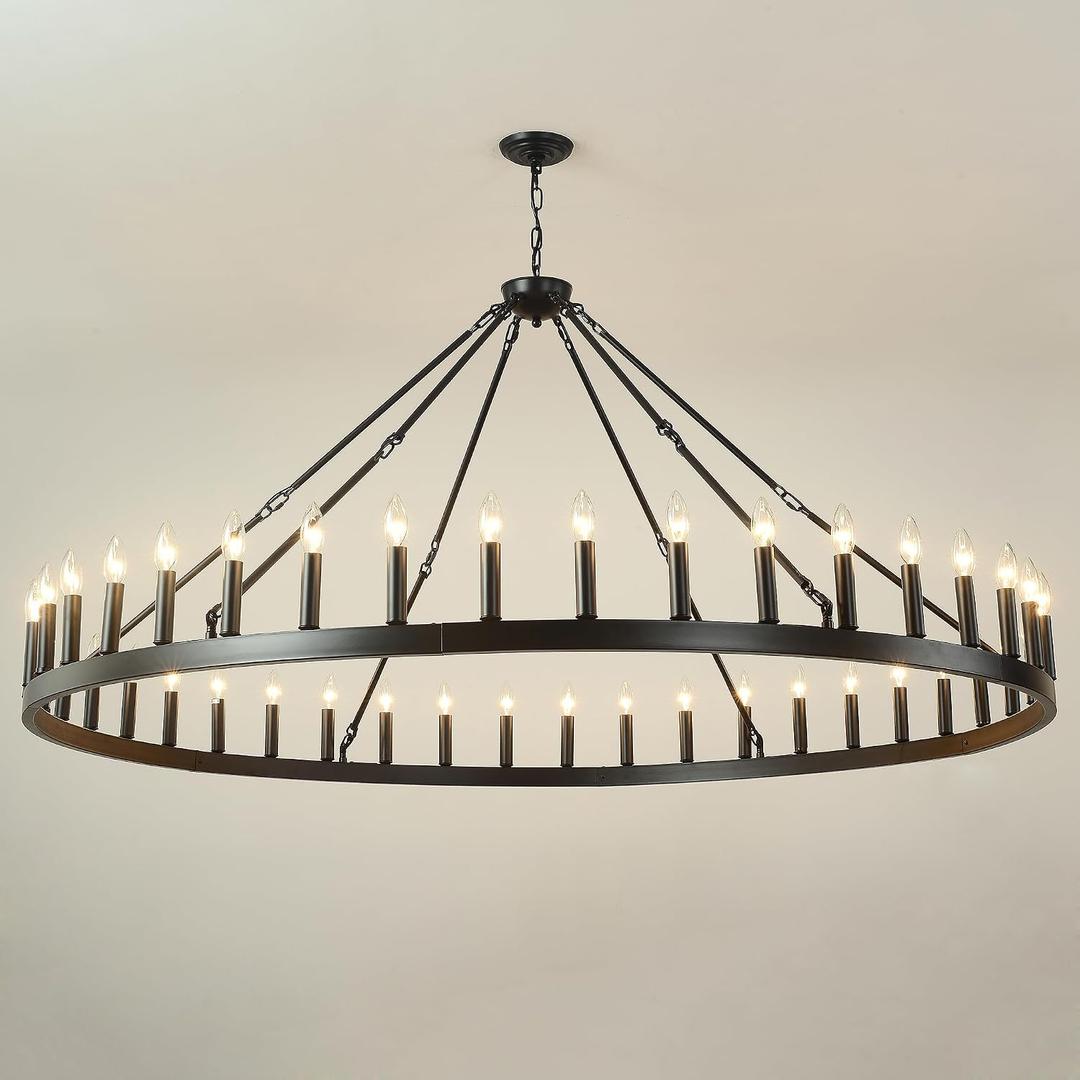 64 Inch Black Extra Large Wagon Wheel Chandelier, 42-Lights Farmhouse Industrial Round High Ceiling Pendant Light Adjustable Chain, for Dining Room, Living Room