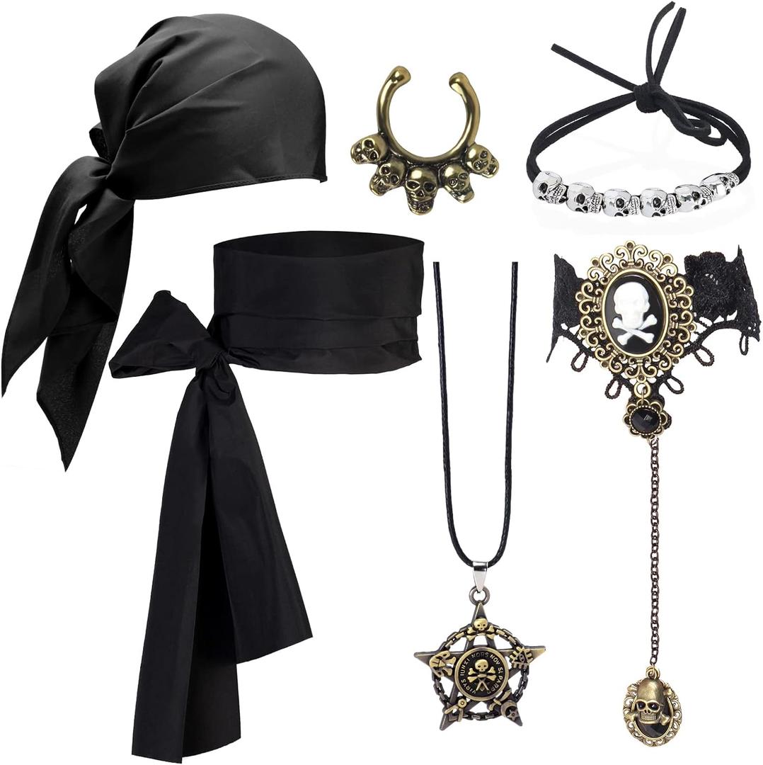 Pirate Costume Accessories - 6 Piece Set with Head Scarf, Sash, Bracelet, Necklace, Fake Nose Rings & Hair Beads (Black)