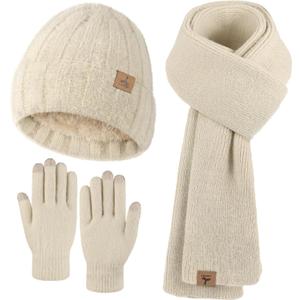 Winter Beanie Hat Scarf Gloves, Warm Fleece Knit Hat Long Scarf Neck Warmer Touch Screen Winter Gloves Set Gifts for Women (Oatmeal)