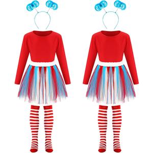 6 Pcs Costume Set for Kids, Include Tulle Tutu Skirt Striped Knee Long Socks Shirt Blue Headband (6-7 Age)