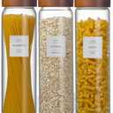 Wissy&Konny 3 Pack Glass Pasta Storage Containers with Screw wood Airtight Lid, 70oz Tall Glass Jar with Lid Spaghetti Container Storage for Pasta,Spaghetti,Cereal (132 Pantry Labels)