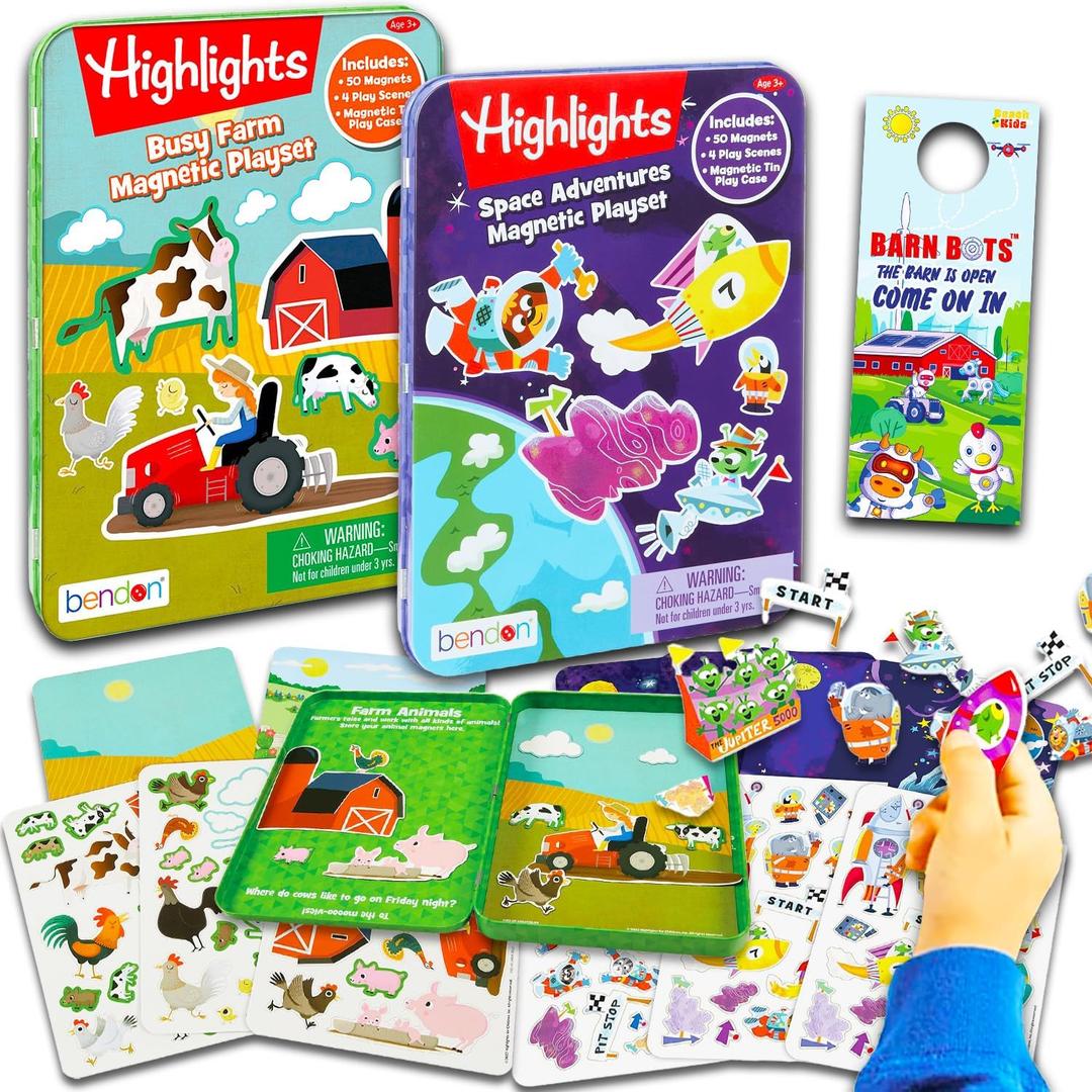 Highlights Activity Box Magnetic Play Set - Bundle with 2 Magnetic Create A Scene Creation Board Tins Featuring Outer Space and Farm Life and More
