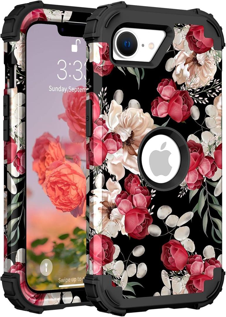 PIXIU Unique Flower Pattern Compatible with iPhone 17e/16e 6.1 inch case,Heavy Duty Dual Layer Shockproof Full-Body Protective Sturdy Hybrid Cute Rugged Case for Women,Girls,Kids Rose