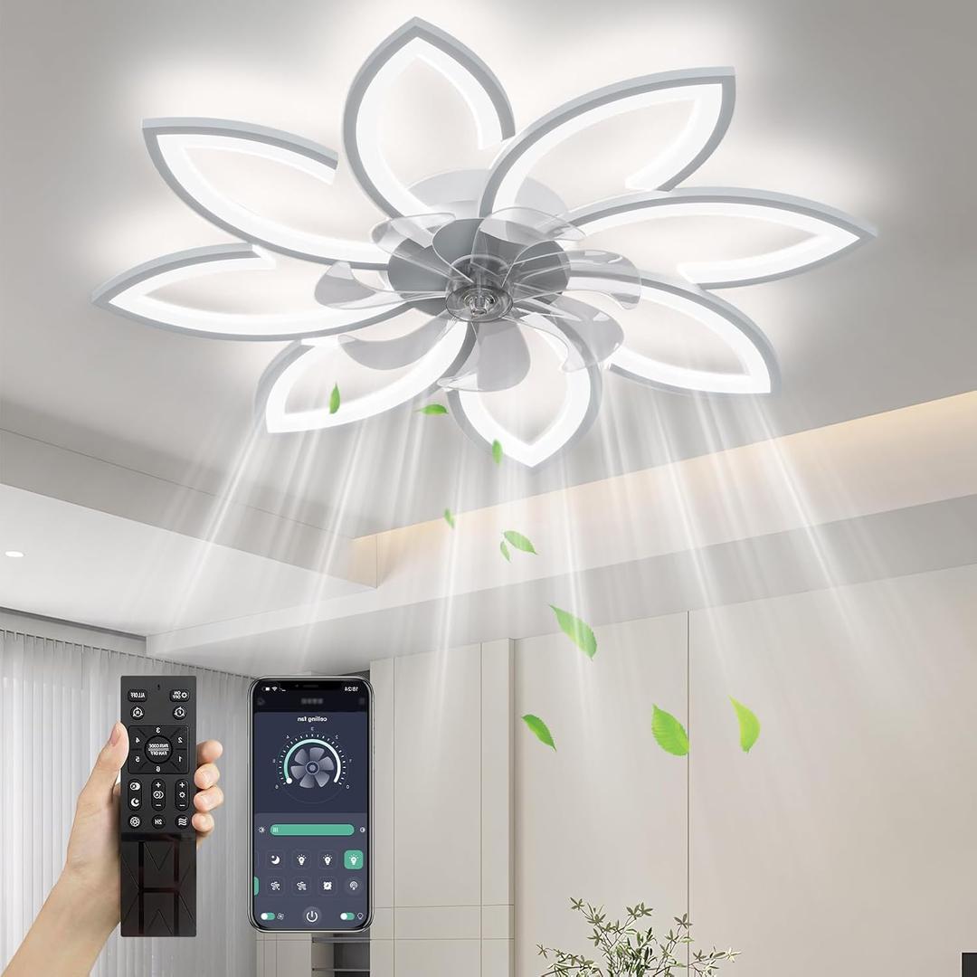 35" Ceiling Fans With Lights and Remote,Low Profile Ceiling Fan 6 Speed Super Quiet Reversible Motor,Modern Ceiling Fan With 3 color Stepless Dimmable for Bedroom/Living Room/Kids Room(White), 35.4"L x 35.4" W x 5.5" H