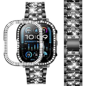 SUPOIX Compatible with Apple Watch Band 49mm + Case, Women Jewelry Bling Diamond Metal Bands & 2 Pack Protective Cover Cases for iWatch Ultra(Black)