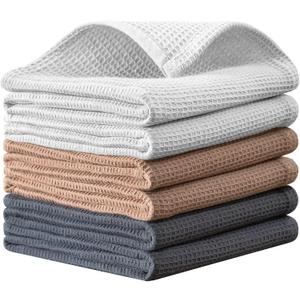 QUILTINA Dish Towels Set,100% Cotton Waffle Weave Kitchen Towels 6 Pack,14 x 14 Inches Dish Towels for Kitchen,Super Absorbent for Drying and Cleaning (Khaki,Light Gray, Dark Grey)
