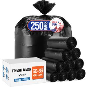 Delxo 30-33 Gallon Trash Bags, 250 Count Medium Duty Garbage Bags, Thick, Durable & Puncture-Resistant Plastic Bolsas para basura, Perforated Design Made in USA for Kitchen, Yard, Office (Black)