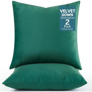 LANE LINEN Fluffy Filled Faux Velvet Throw Pillow Inserts Pack of 2-18 x 18 Inches Green Velvet Cushion Inserts, Made in Canada with 100% Polyester, Easy to Fluff and reshape