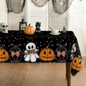 Horaldaily Halloween Tablecloth 5270 Inch Rectangular, Jack-O-Lantern Ghost Cat Dots Washable Table Cover for Party Picnic Dinner Decor